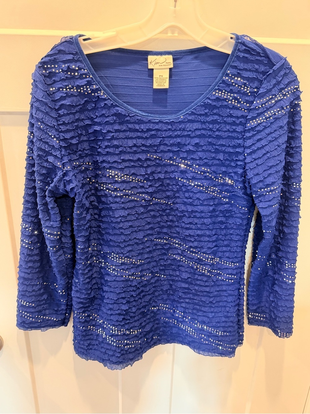 Kim Rogers Petite Small Cobalt Blue Rhinestone Ruffle 3/4 Sleeve Top